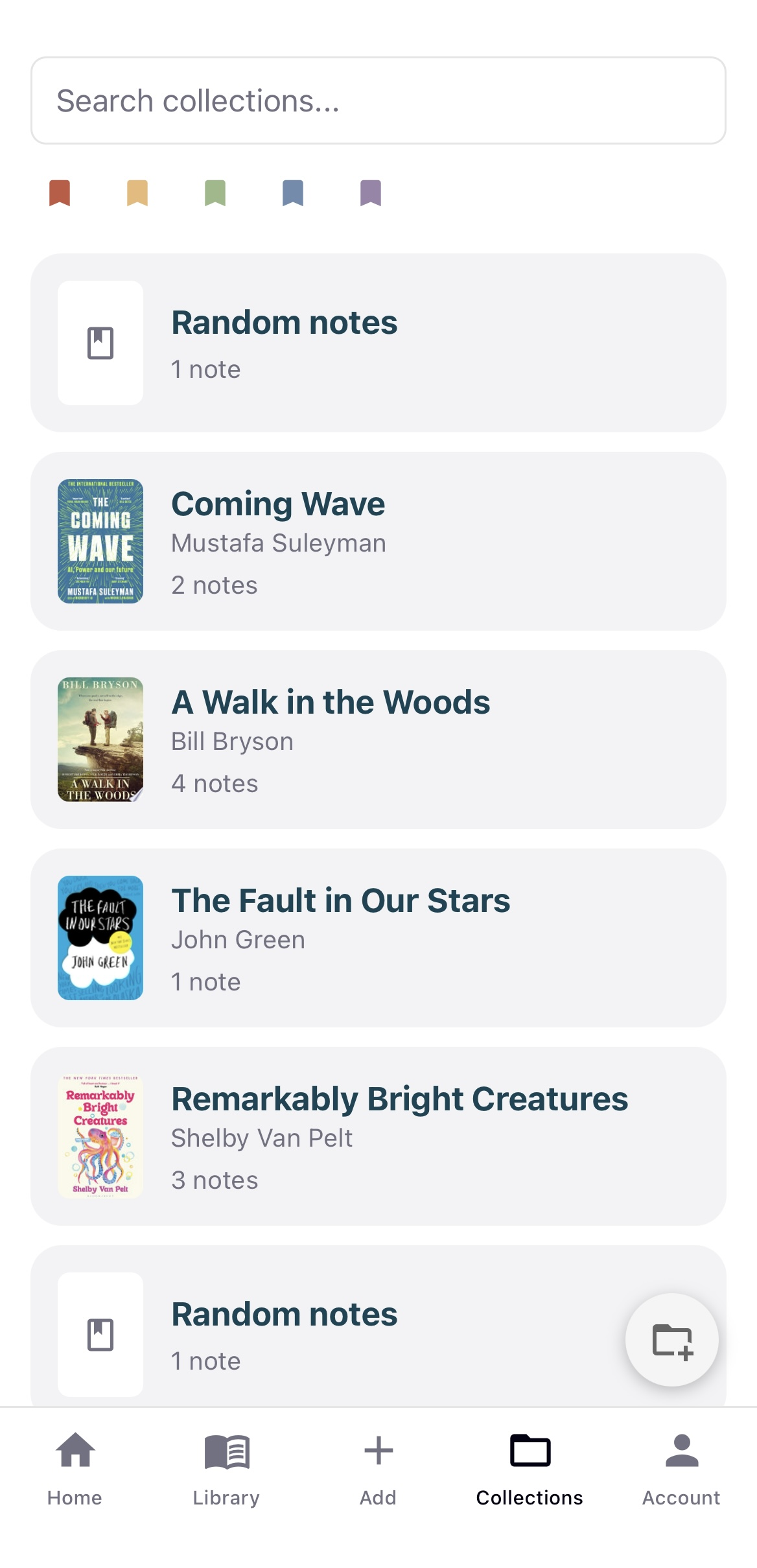 Readminded collections screen listing notes and books grouped into color-coded collections
