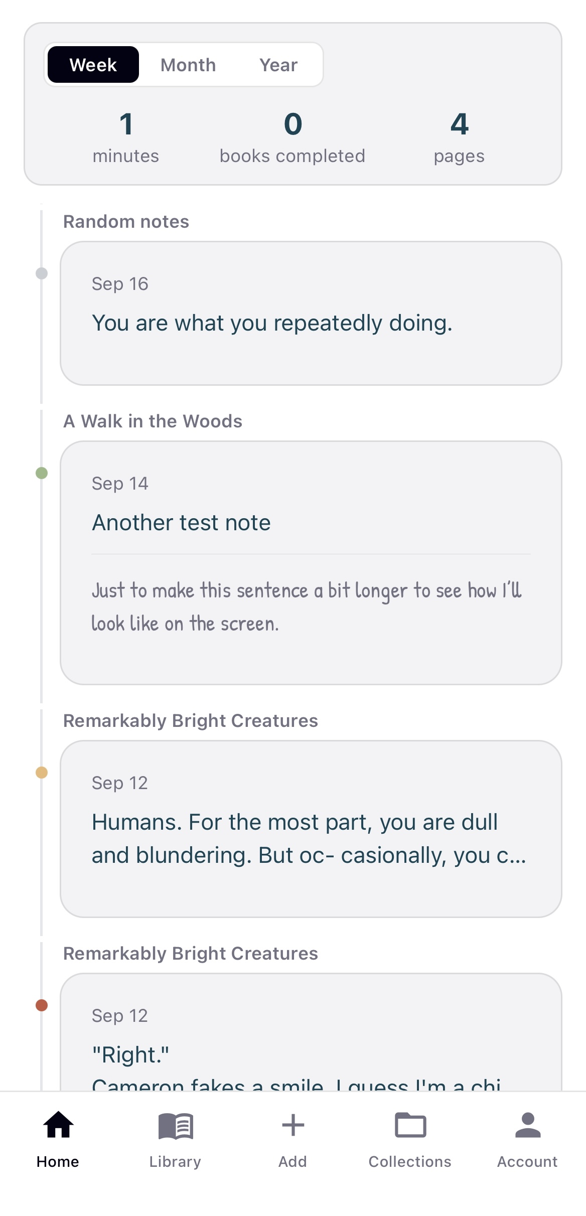 Readminded home screen showing weekly reading stats and a timeline of notes by book