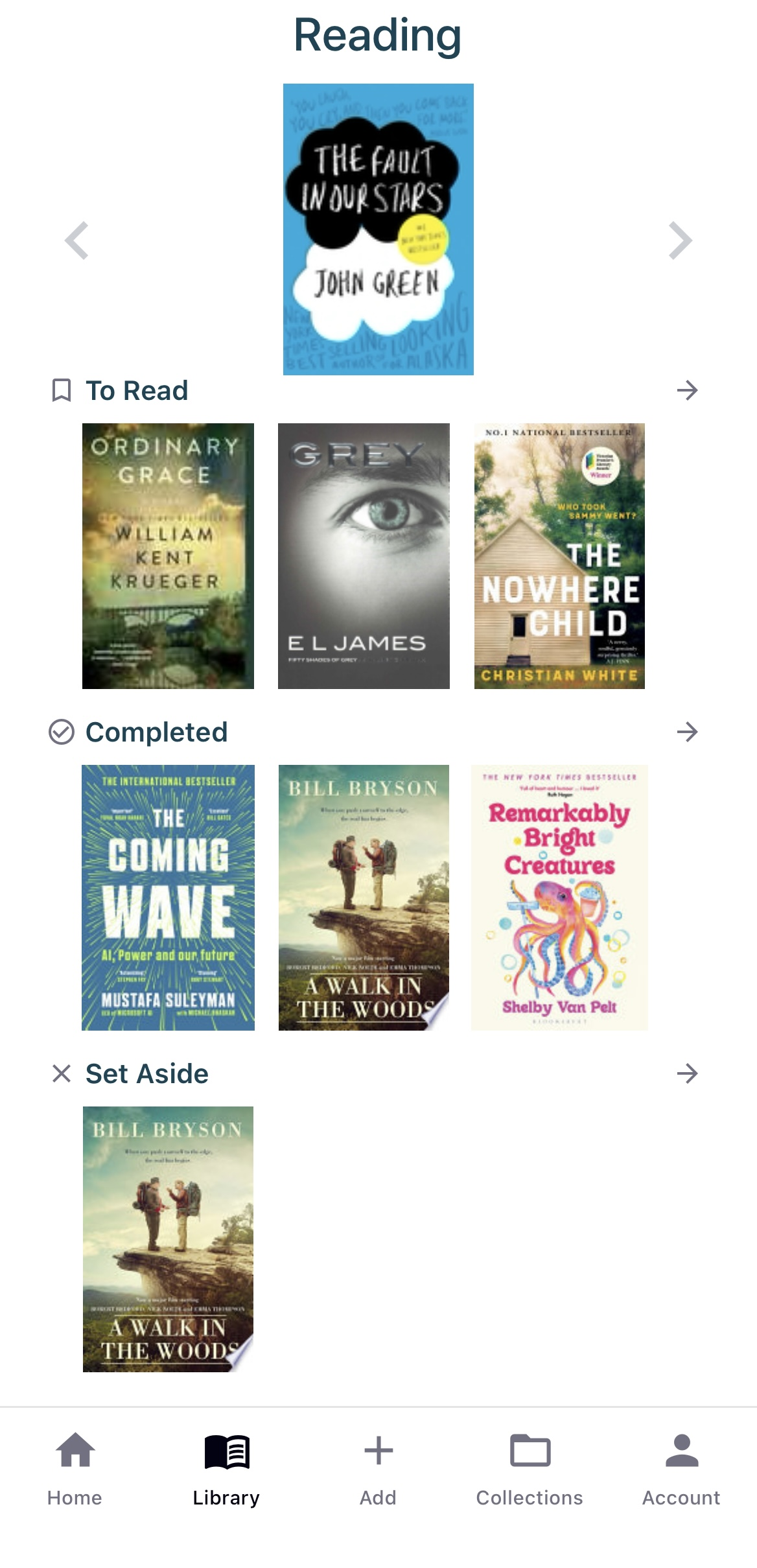 Readminded library showing Reading, To Read, Completed and Set Aside shelves