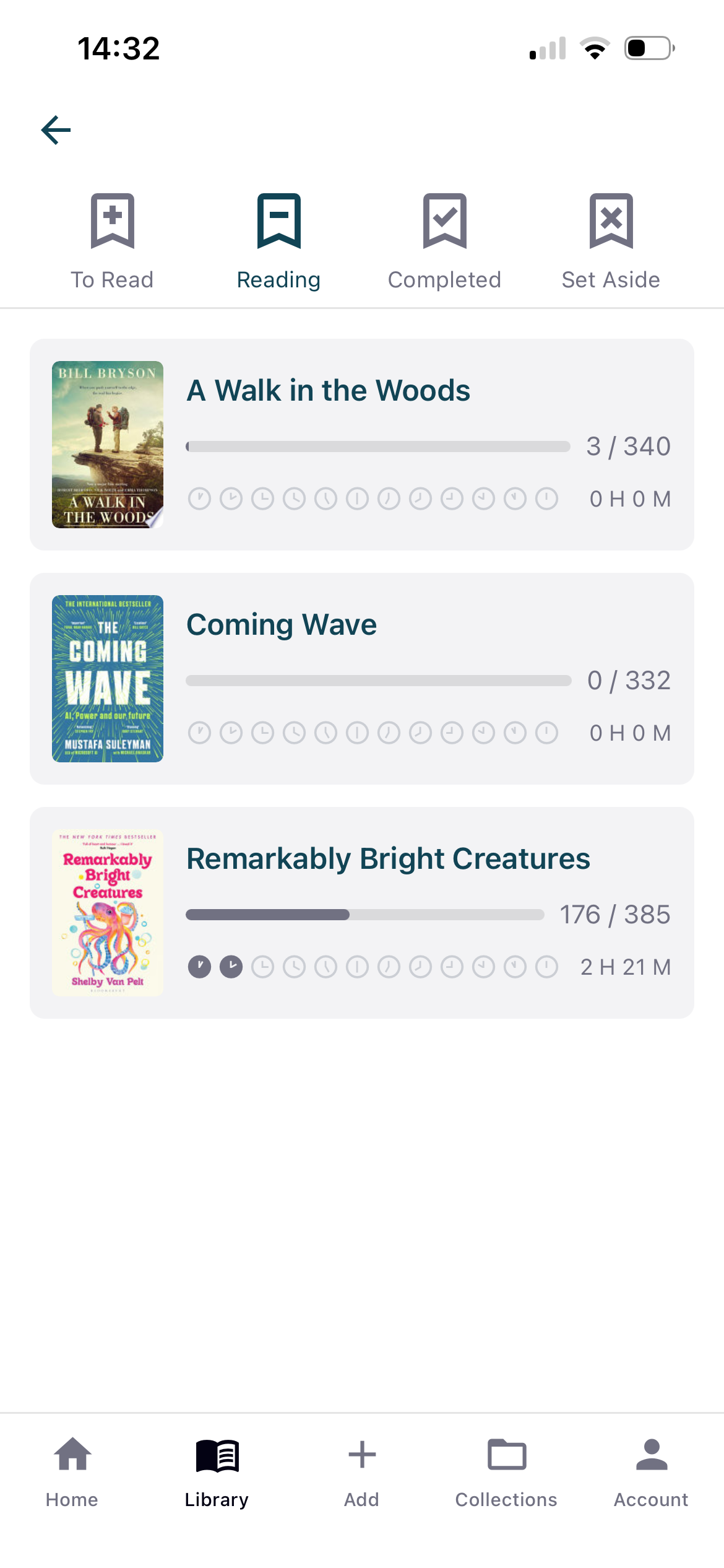 Readminded reading list showing books in progress with page counts and ratings